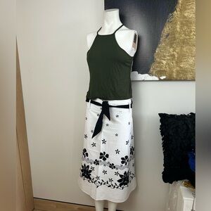 White Floral Midi Skirt with Black Tie Waist